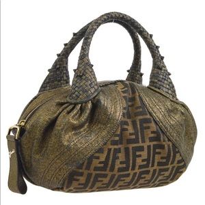 Fendi Zucca Spy Handbag Brown Gold Leather